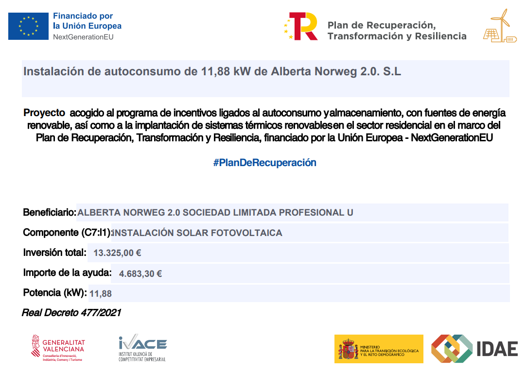 Instalación de autoconsumo fotovoltaico de 11,88 kW - Plan de Recuperación, Transformación y Resiliencia - NextGenerationEU